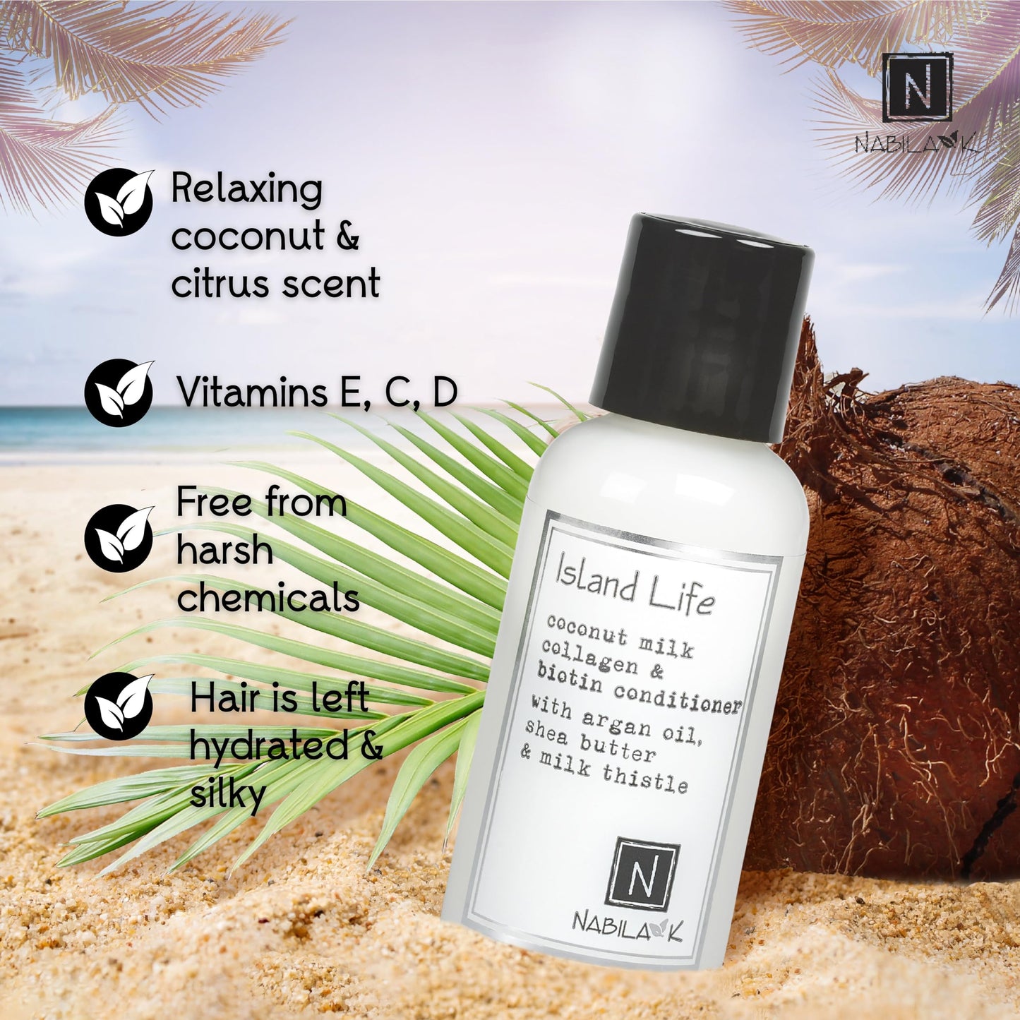 Nabila K Collagen & Biotin Conditioner, 9 oz – Island Life – Coconut Milk, Vitamin B7, Argan Oil, Shea Butter & Milk Thistle – Nourishing, Smoothing, Color-Safe – Sulfate-Free