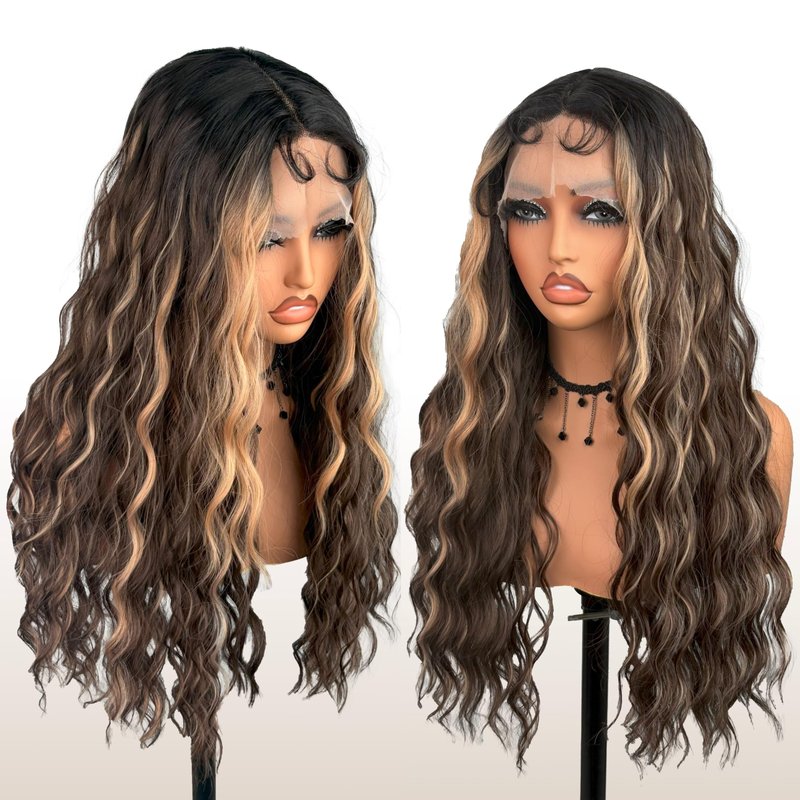 Lace Front curly Synthetic Wig for Women 32 Inch Long Deep Curly Wavy T part HD Transparent Glueless Lace wig Heat Resistant Fiber Pre Plucked Hairline with Baby Hair（Brown highlights）