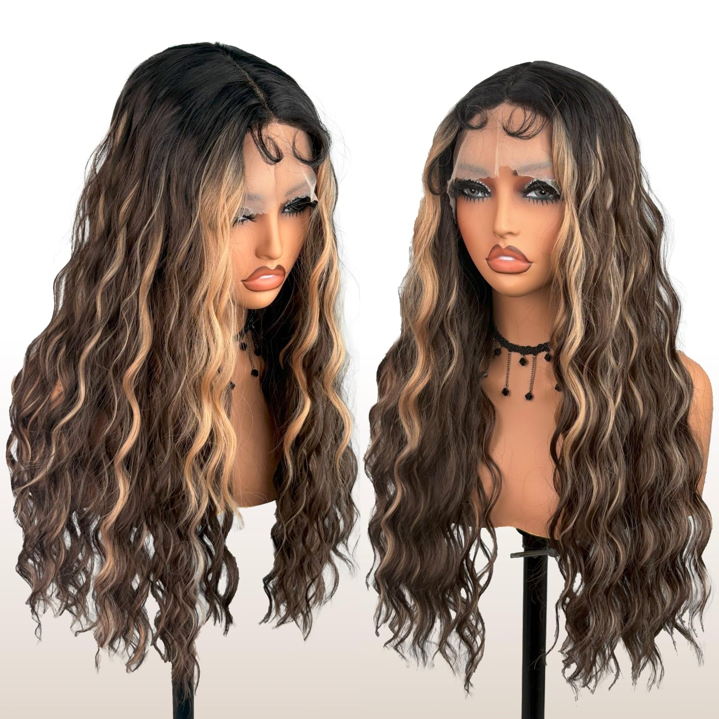 Lace Front curly Synthetic Wig for Women 32 Inch Long Deep Curly Wavy T part HD Transparent Glueless Lace wig Heat Resistant Fiber Pre Plucked Hairline with Baby Hair（Brown highlights）