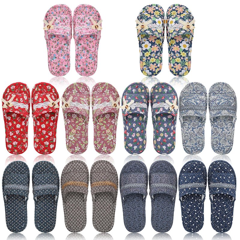 Chuarry 10 Pairs Floral Cotton House Slippers for Guest Women Washable Indoor Cotton Slippers Comfortable Soft Open Toe Slipper Portable Foldable Slipper for Hotel Travel Airplane Spa, 2 Sizes