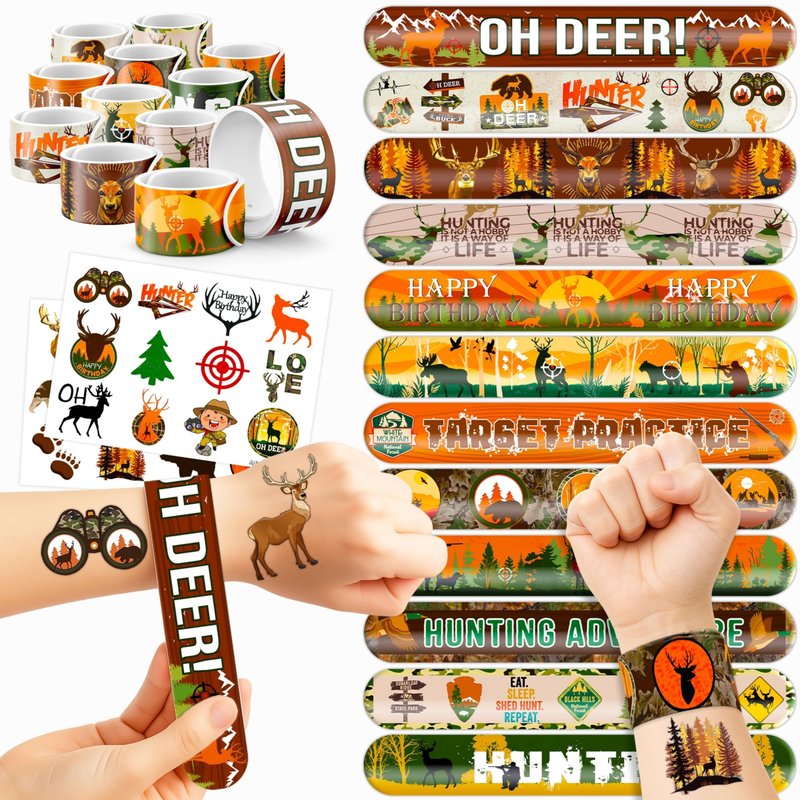 Cherisnowy 48PCS Hunting Party Set - 24PCS Temporary Tattoos & 24PCS Slap Bracelets - Outdoor Adventure Birthday Supplies, Baby Shower Gifts, Classroom Rewards & Party Decor for Kids (Boys & Girls)