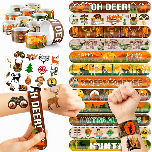 Cherisnowy 48PCS Hunting Party Set - 24PCS Temporary Tattoos & 24PCS Slap Bracelets - Outdoor Adventure Birthday Supplies, Baby Shower Gifts, Classroom Rewards & Party Decor for Kids (Boys & Girls)