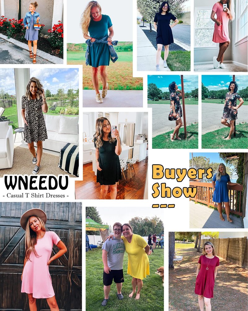 WNEEDU Women's Summer Casual T Shirt Dresses Short Sleeve Swing Dress with Pockets (2XL, Beja Blue)