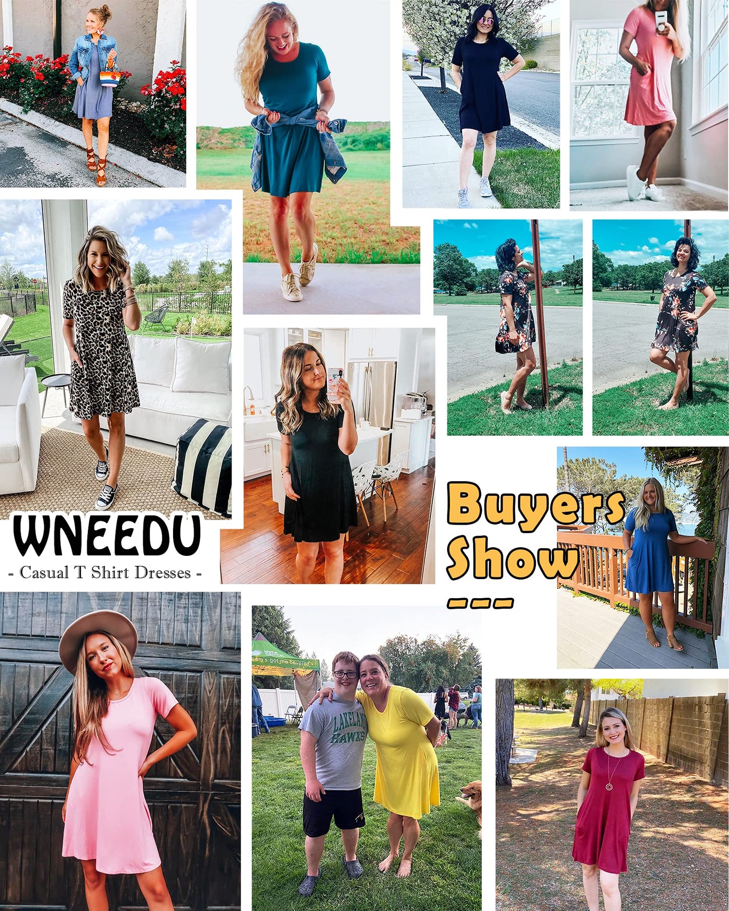 WNEEDU Women's Summer Casual T-Shirt Dress with Pockets — Short Sleeve Swing Dress (Beja Blue,2XL)
