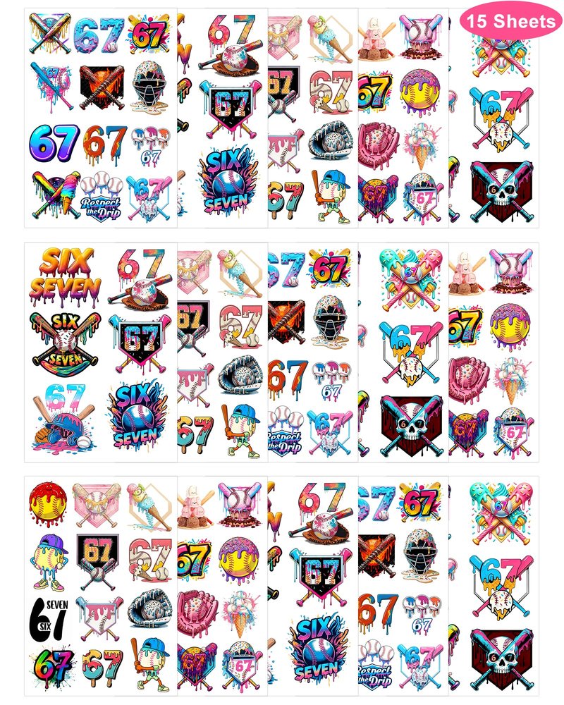 YanZonic 166Pcs Drip Baseball Temporary Tattoos - 6 7 Pink Baseball Theme Party, Ice Cream Drip Party Decorations, Baseball Drip Party Gift, 15 Sheets 48 Styles