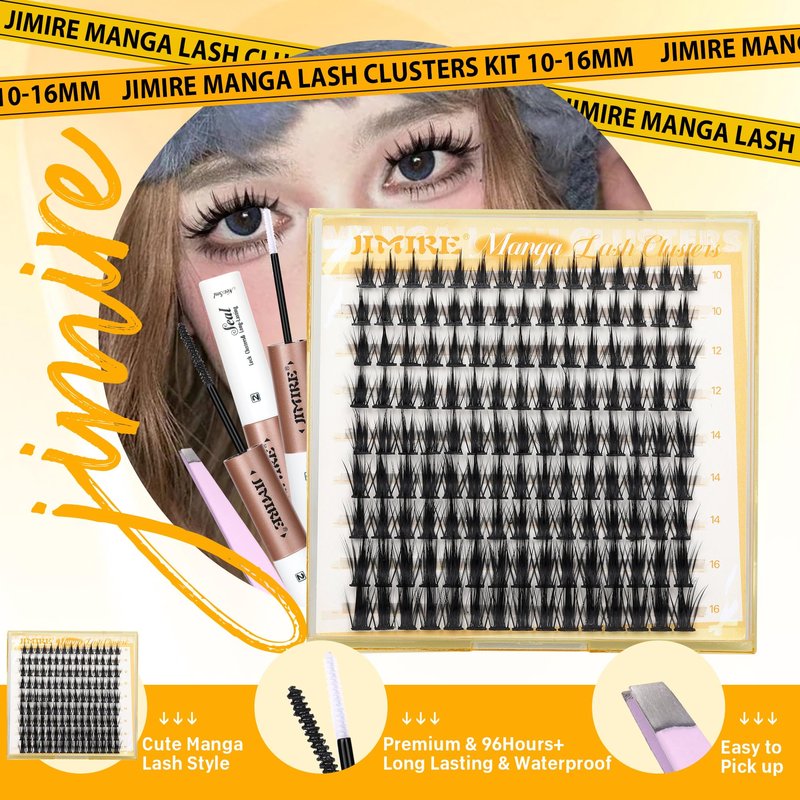 JIMIRE Manga Lash Clusters Kit Natural Anime Eyelash Clusters Kit 10-16MM Natural Lash Extension Kit with Lash Bond and Seal Lash Applicator Wispy D Curl Cluster Eyelash Extensions
