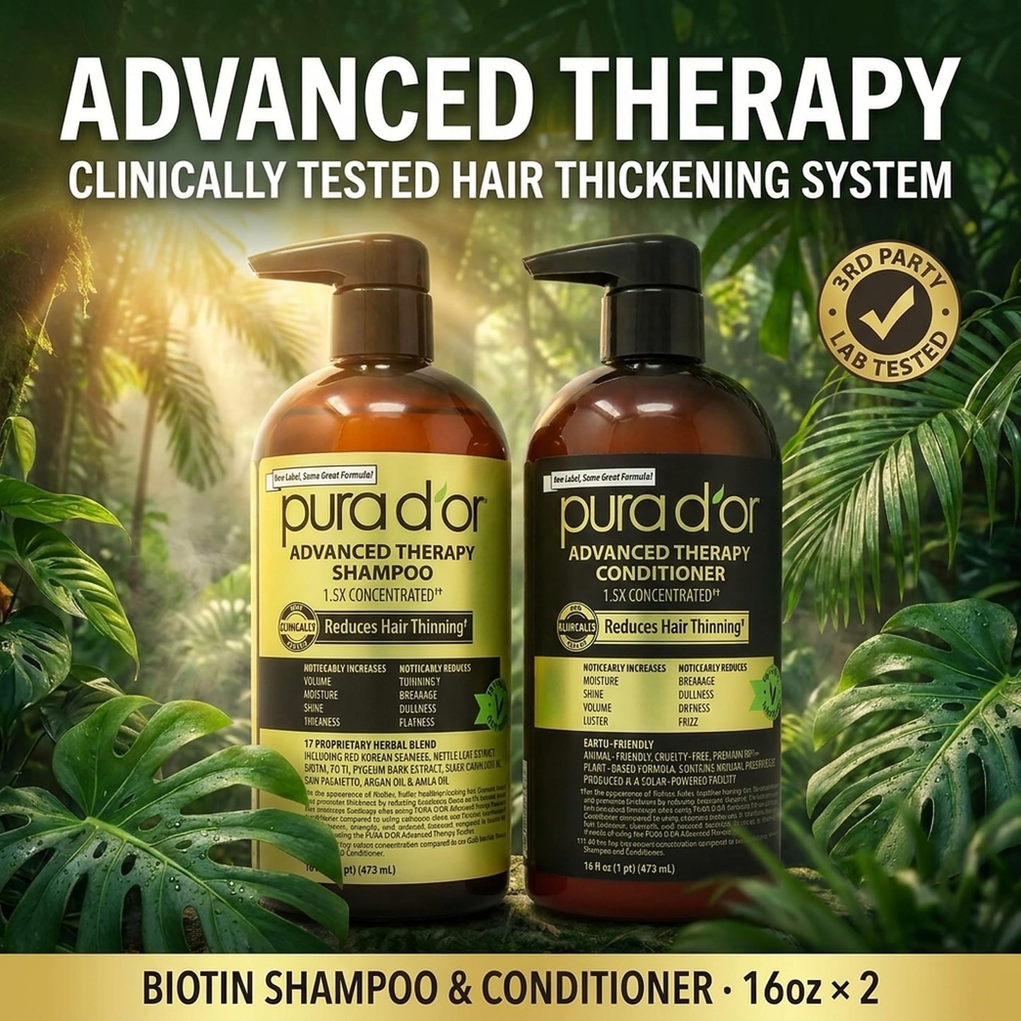 PURA D'OR Advanced Therapy Biotin Shampoo & Hair Regrowth Conditioner Set For Hair Thinning, CLINICALLY TESTED Effective Thickening Results, For Women & Men, Invigorating Forest Scent, 16oz x2