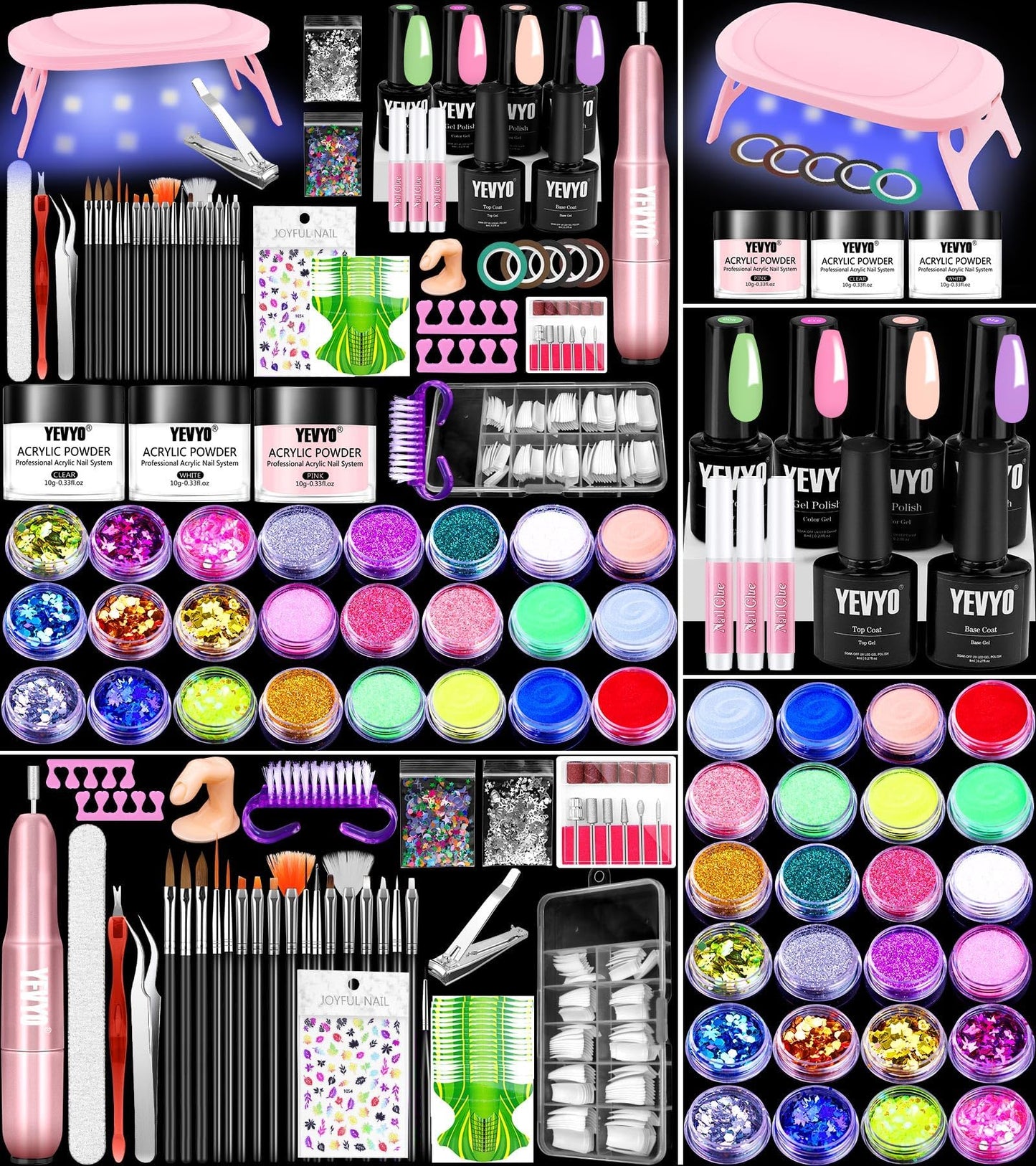 Yevyo Acrylic Nail Kit with Drill, 4 Colors Gel Polish and UV Light, 24 Colors Glitter Acrylic Powder and Brush Set for Beginners