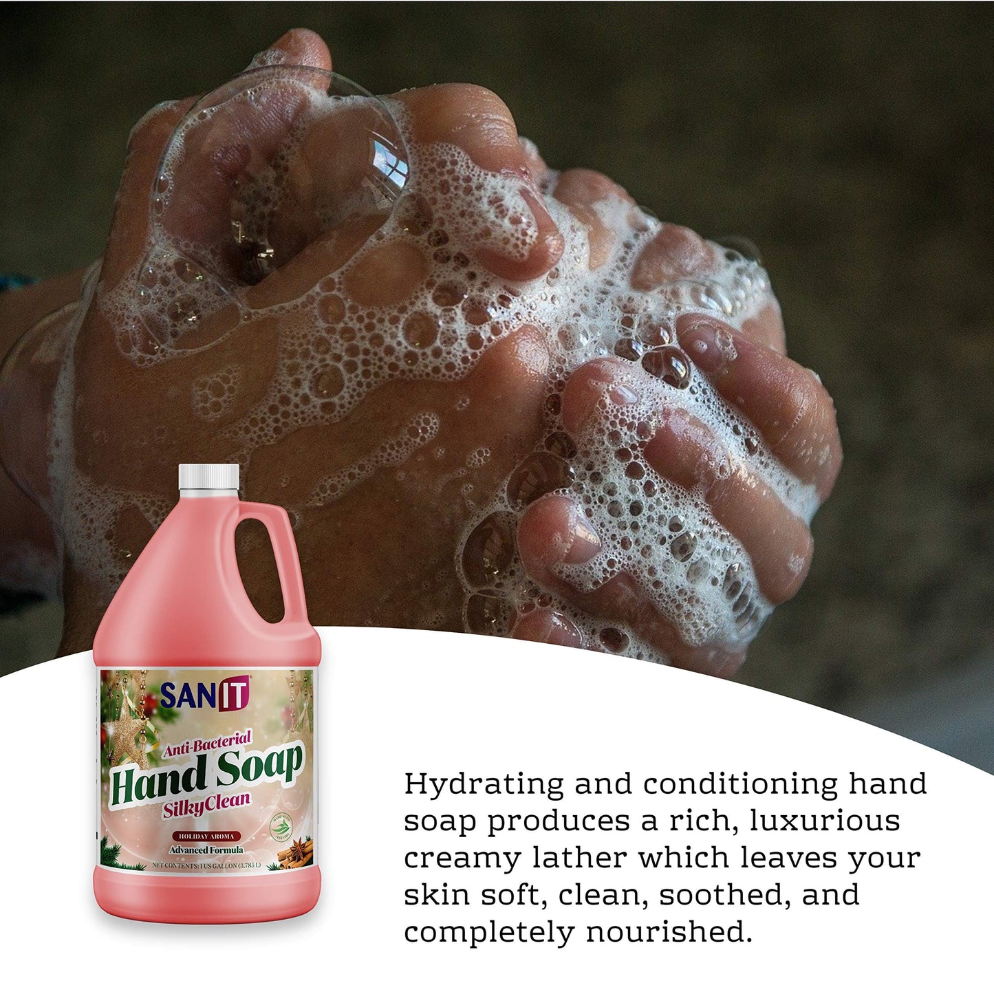 Sanit Silky Clean Antibacterial Liquid Gel Hand Soap Refill - Advanced Formula with Coconut Oil and Aloe Vera - All Natural Moisturizing Hand Wash - Made in USA, Holiday Aroma, 1 Gallon