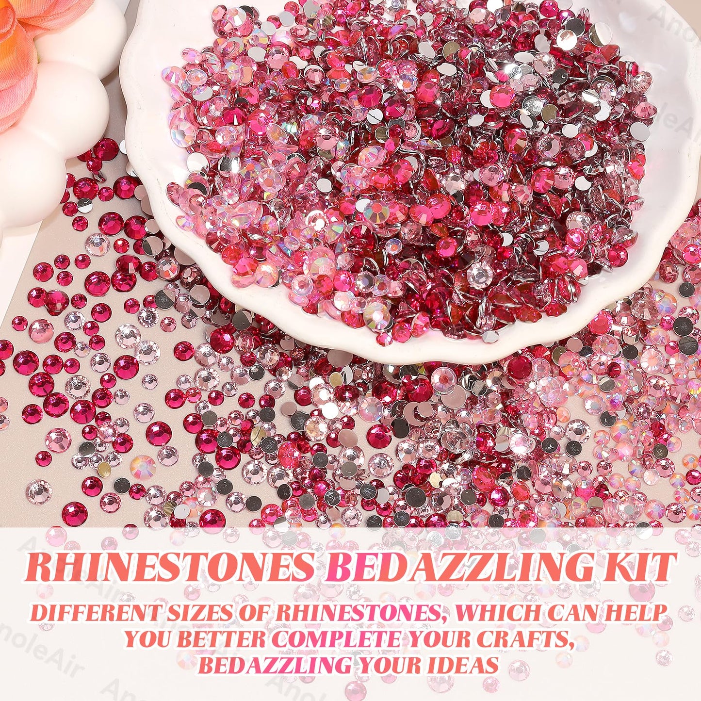 15000Pcs Pink Rhinestones for Bedazzling, Jelly Bedazzling Resin Gems 3-5mm, Hot Pink Gems Bedazzling Kit for Crafting, Flatback Color Gems for Nails Face Makeup Crafts Tumblers