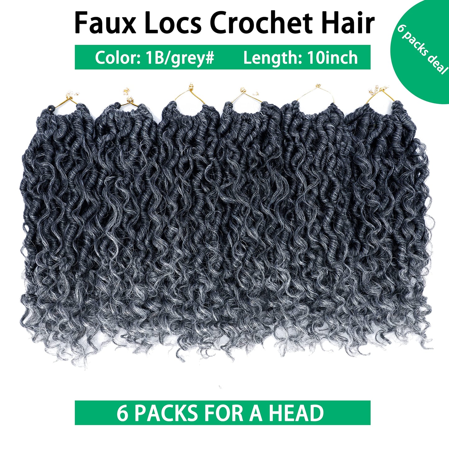 Faux Locs Crochet Hair 10 Inch Goddess Locs Ombre Grey Crochet Hair for Women 6 Packs Gray Soft River Locs Pre Looped Braids with Curly Ends Boho Hippie Synthetic Hair Extensions, 1b/grey