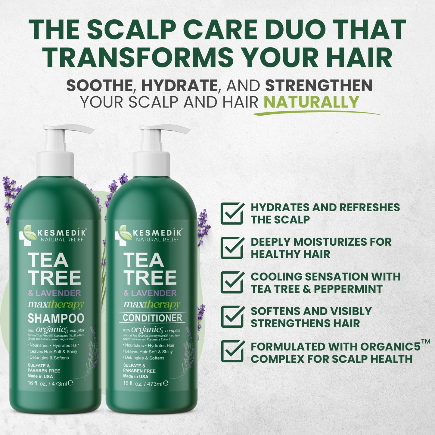 KESMEDIK Tea Tree Lavender Shampoo & Conditioner Set with Mint & Rosemary, Cleanses, Cools & Soothes Dry, Itchy Scalp, Sulfate & Paraben-Free, For All Hair Types, 16 fl oz Each