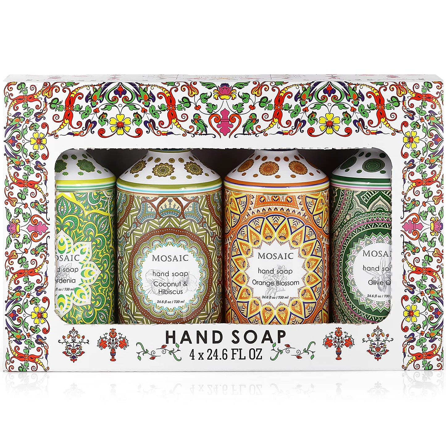 Mosaic Liquid Hand Soap / Hand Wash Gift Set, Ideal for Bathroom and Kitchen Hand Soap Set , Olive Oil + Coconut & Hibiscus + Gardenia + Orange Blossom, 4 x 24.6 fl oz Each Liquid Soap Bottle