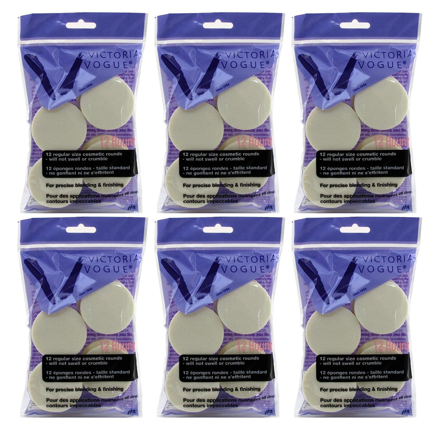 Victoria Vogue #912 Cosmetic Rounds 12 Count Regular Size (Pack of 6)