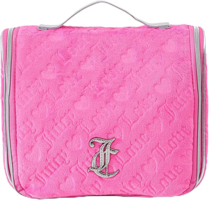 Juicy Couture Pink Makeup Bag - Travel Cosmetics Organizer with Hanging Hook & Heart Velour Design