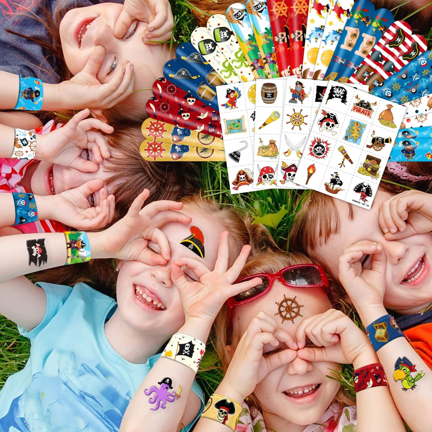 Pirate Party Favors for Kids, 72Pcs Tattoos and Slap Bracelets for Rewards