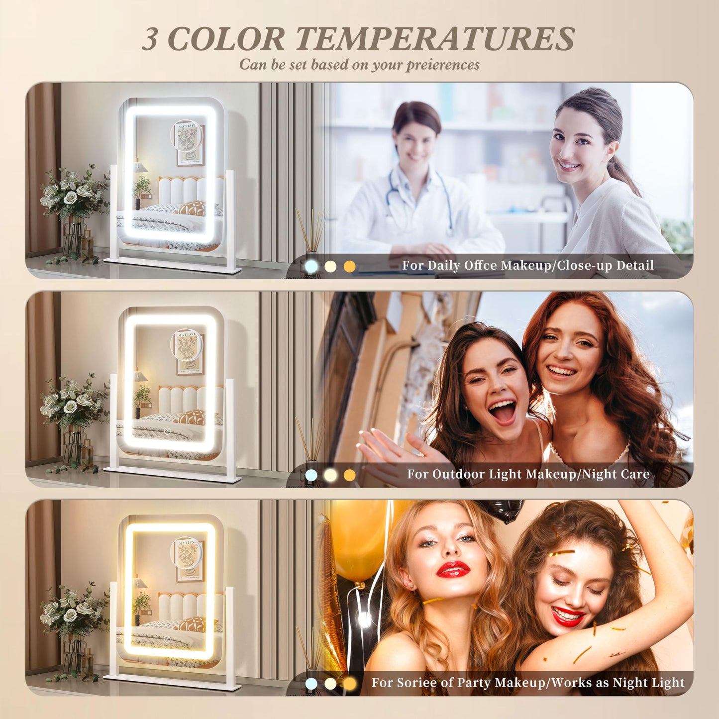Shinerva Vanity Mirror with Lights,12"×14.6" LED Makeup Mirror,Lighted Makeup Mirror with Lights, Smart Touch Control Dimmable 3 Modes Light, Lighted Up Mirror for Makeup Desk, Bedroom, Dressing Room