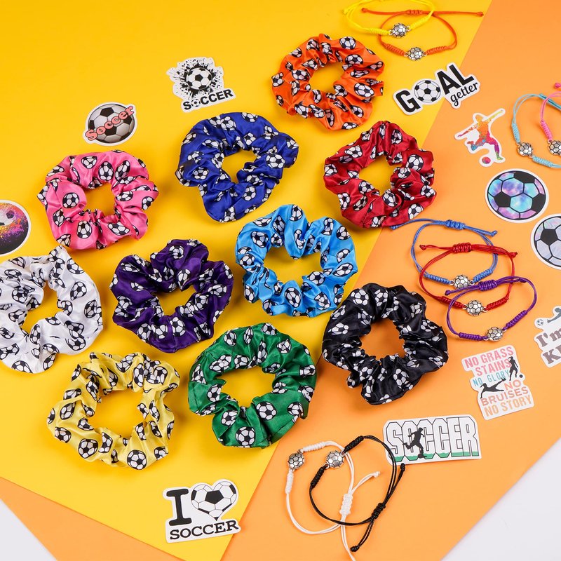 Soccer Party Supplies Set with 20 Pcs Satin Soccer Scrunchies Hair Ties,20 Pcs Adjustable Soccer Bracelet and 100 Pcs Soccer Stickers Soccer Birthday Party Decoration for Sports Themed Party