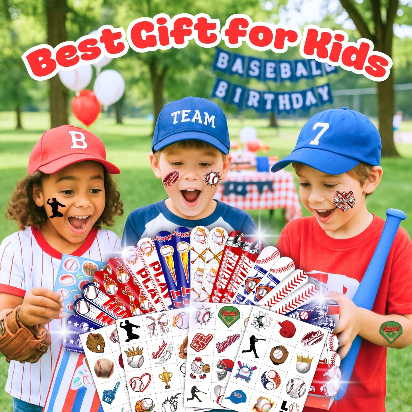72PCS Baseball Party Set - 48PCS Temporary Pre - Cut Tattoos & 24PCS Slap Bracelets - Fun Sports-Themed Birthday Supplies, Baby Shower Gifts, Classroom Rewards & Party Decor for Kids (Boys & Girls)
