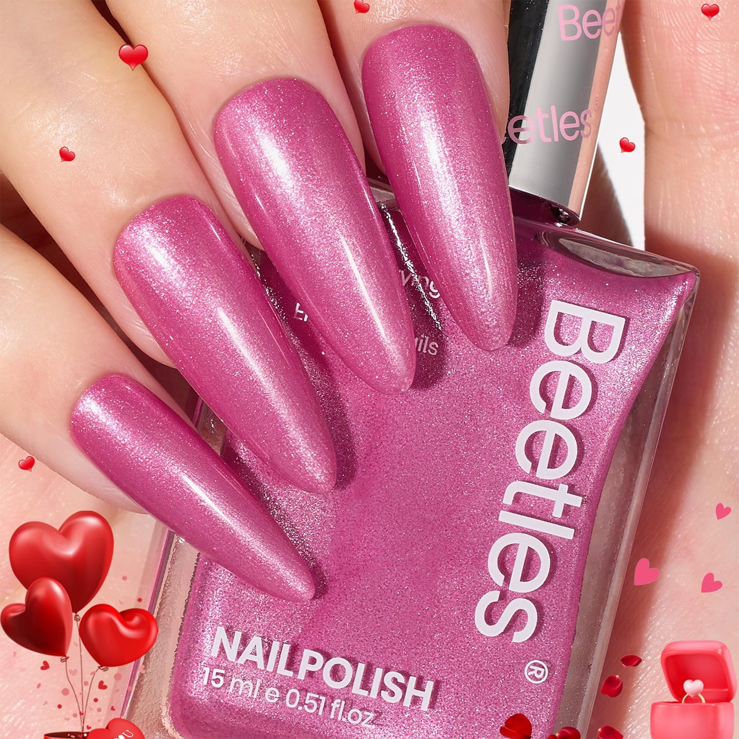 Beetles Hot Pink Nail Polish - 15ML Fast Drying & Long Lasting Nail Polish Romantic Reverie Nail Lacquer Shimmer Art Effect Spring Nails Gifts