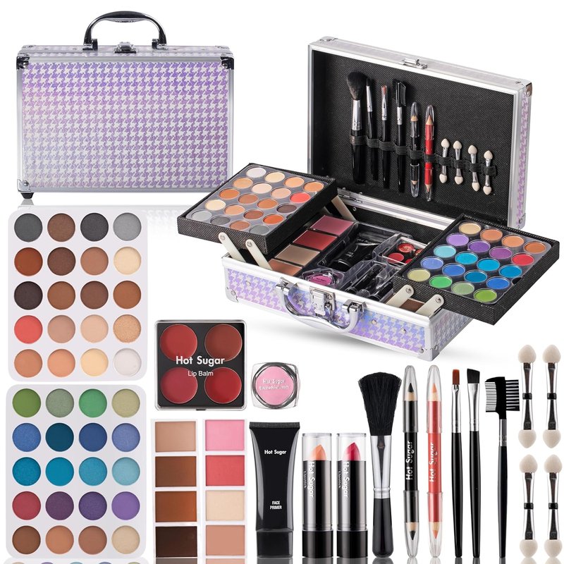 Makeup Kit for Girls 14-16 - Complete Cosmetics Set with Aluminum Case | Full Face Beauty Essentials in Purple Houndstooth