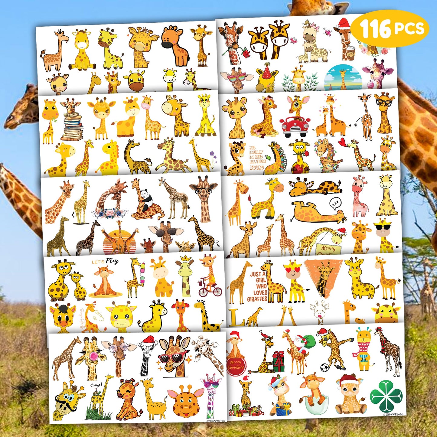 96 PCS Giraffe Face Pre-cut Temporary Tattoos for Kids Sticker