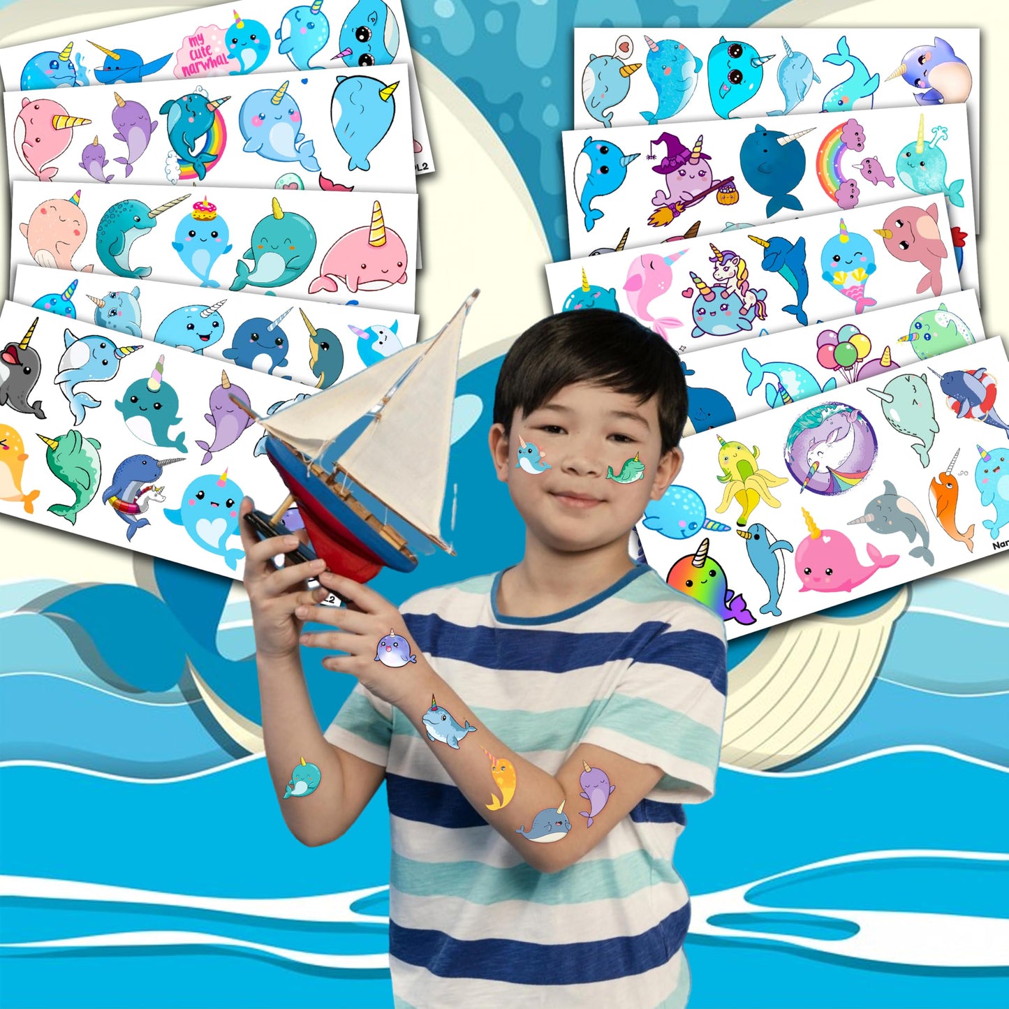 107 PCS Cute Narwhal Temporary Tattoos Themed Birthday Party Supplies Decorations Favors Decor Under The Sea Baby Tattoo Stickers Gifts For Boys Girls Class Prizes Carnival