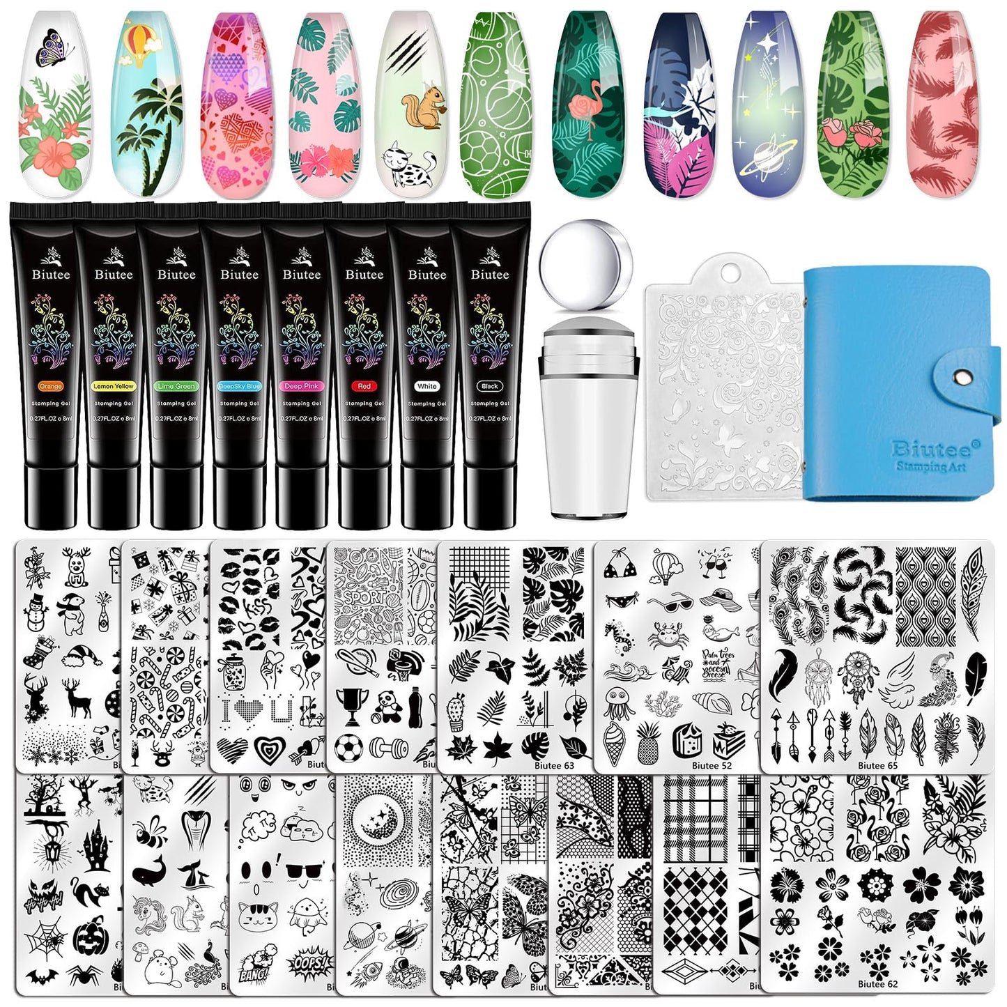 Biutee 15PCS Nail Art Stamping Plate 8 Nail Stamping Gel Polish Nail Stamping Kit Nail Stamper Scraper with Storage Bag, Lace Flower Butterfly Star Design Nail Stamp Template Kit for DIY Nail Art