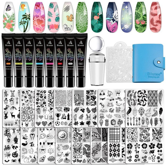 Biutee 15PCS Nail Art Stamping Plate 8 Nail Stamping Gel Polish Nail Stamping Kit Nail Stamper Scraper with Storage Bag, Lace Flower Butterfly Star Design Nail Stamp Template Kit for DIY Nail Art