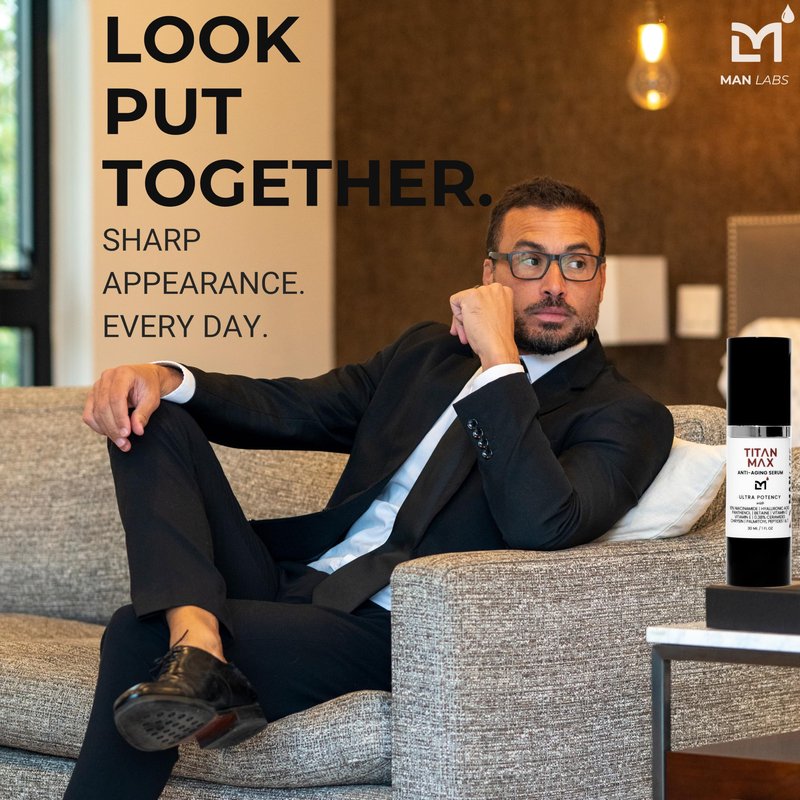 Man Labs Titan MAX Ultra Potency Anti-Aging Mens Face Serum – Mens Face Moisturizer – Men Skin Care Crow's Feet, Dark Circles, Tightening & Rough Texture – 10% Niacinamide, Vitamin C & E, HA–Unscented