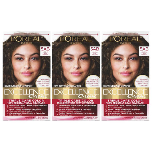 L'Oreal Paris Excellence Creme Permanent Hair Color, 5AB Mocha Ash Brown, 100 percent Gray Coverage Hair Dye, Pack of 3
