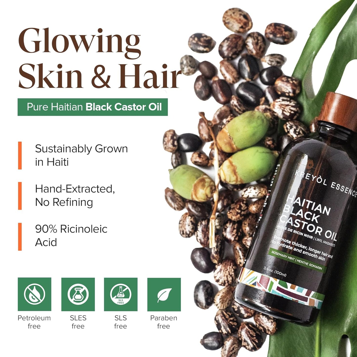 Haitian Black Castor Oil - Cold Pressed for Skin & Hair | Hexane Free, Natural Humectant | 3.4 Fl Oz - Rosemary Peppermint
