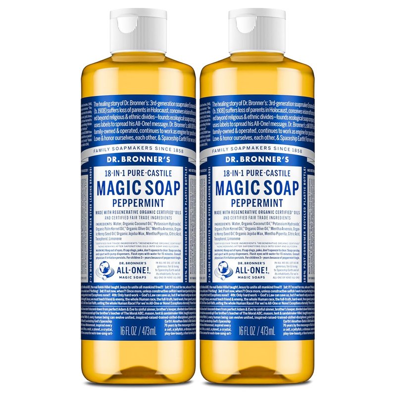 Dr. Bronner's Magic Soap - Pure Castile Liquid Soap | Peppermint, 16 oz, 2-Pack - Vegan, Organic, Multi-Use