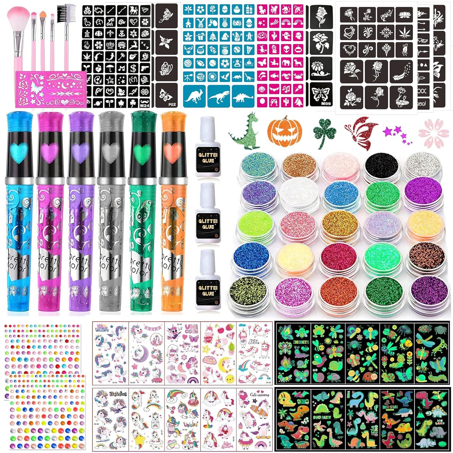 Kids Glitter Tattoo Kit - 25 Colors, 225 Stencils & Glow-in-the-Dark Temporary Tattoos | Perfect for Halloween & Birthday Fun