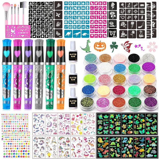 Kids Glitter Tattoo Kit - 25 Colors, 225 Stencils & Glow-in-the-Dark Temporary Tattoos | Perfect for Halloween & Birthday Fun