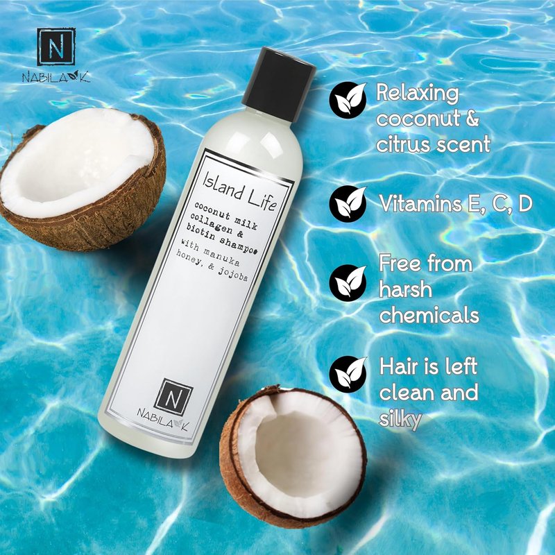 Nabila K Collagen & Biotin Shampoo - Coconut Milk & Manuka Honey | 9 oz, Hydrating & Color-Safe, Sulfate-Free