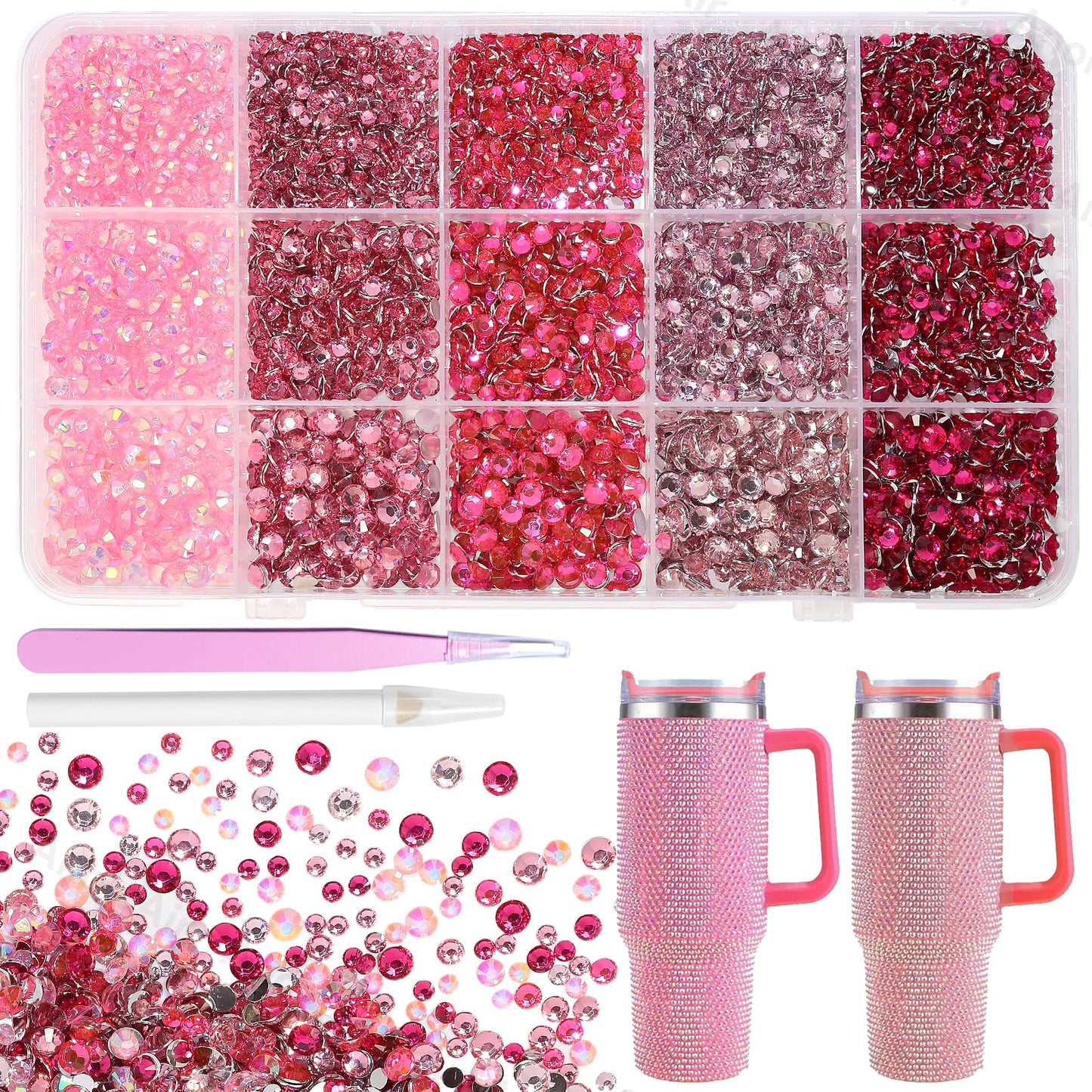 15000Pcs Pink Rhinestones for Bedazzling, Jelly Bedazzling Resin Gems 3-5mm, Hot Pink Gems Bedazzling Kit for Crafting, Flatback Color Gems for Nails Face Makeup Crafts Tumblers