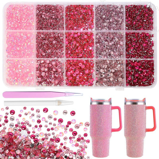 15000Pcs Pink Rhinestones for Bedazzling, Jelly Bedazzling Resin Gems 3-5mm, Hot Pink Gems Bedazzling Kit for Crafting, Flatback Color Gems for Nails Face Makeup Crafts Tumblers