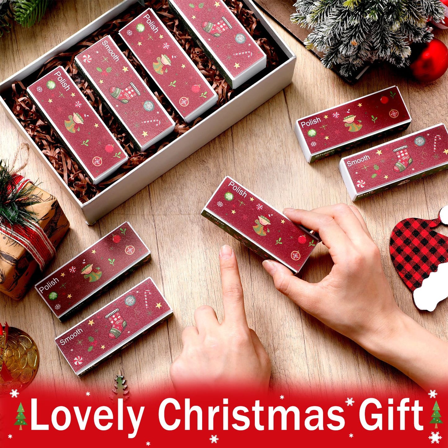 FoldTier 50 Pcs Christmas Nail Buffer Blocks Gifts Bulk Xmas Tree Snowman 4 Way Nail Buffer Files for Natural Acrylic Nails Xmas Party Stocking Stuffers Gifts for Women Customers Coworkers Staff