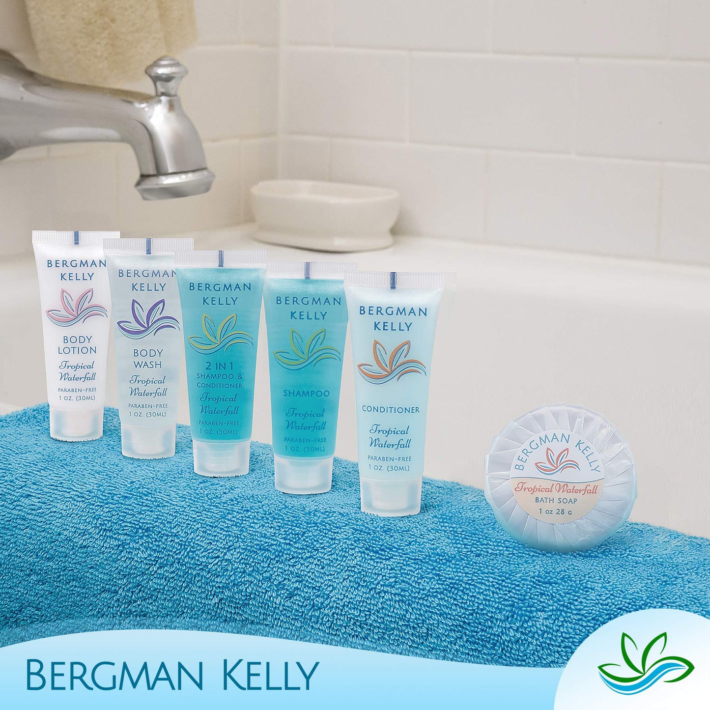 BERGMAN KELLY Round Soap Bars, 2in1 Shampoo & Conditioner 2-Piece Set (Tropical Waterfall, 1 oz each, 100 pc), Delight Your Guests with Revitalizing & Refreshing Hotel Amenities & Bulk Toiletries