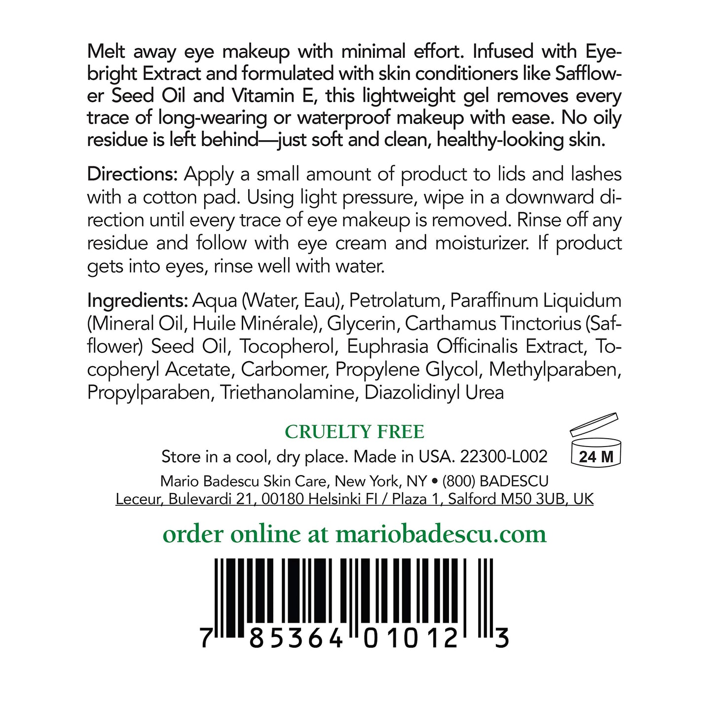 Mario Badescu Eye Makeup Remover Gel Ideal for Combination or Oily Skin Lightweight, Non-Greasy Waterproof Eye Make Up Cleanser Formulated with Safflower Seed Oil, 4 Fl Oz