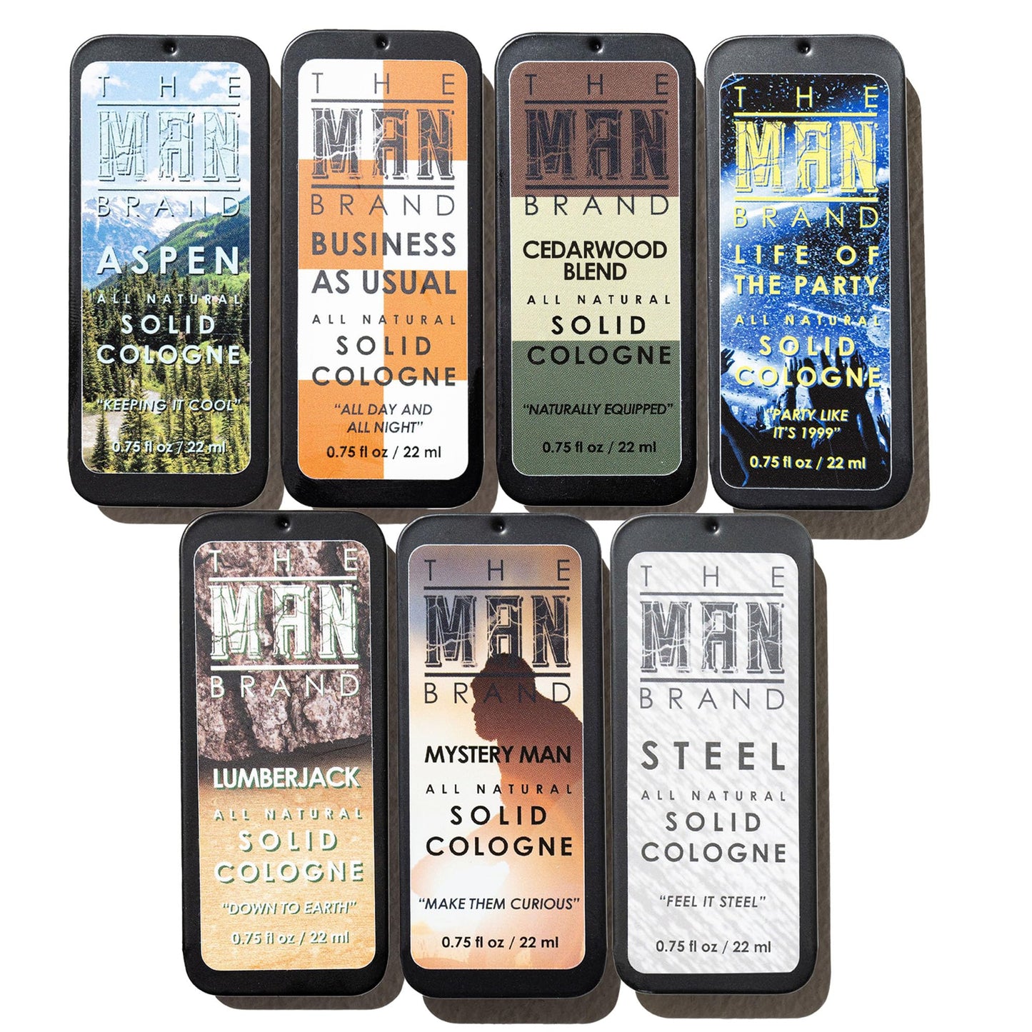 Mens Sample Solid Cologne Pack with Aspen, Lumberjack, Cedarwood Blend, Mystery Man, Life of the Party, Steel, and Business as Usual (Play Daily Solid Cologne Sampler Set - 7 Pack - 0.75 oz each)