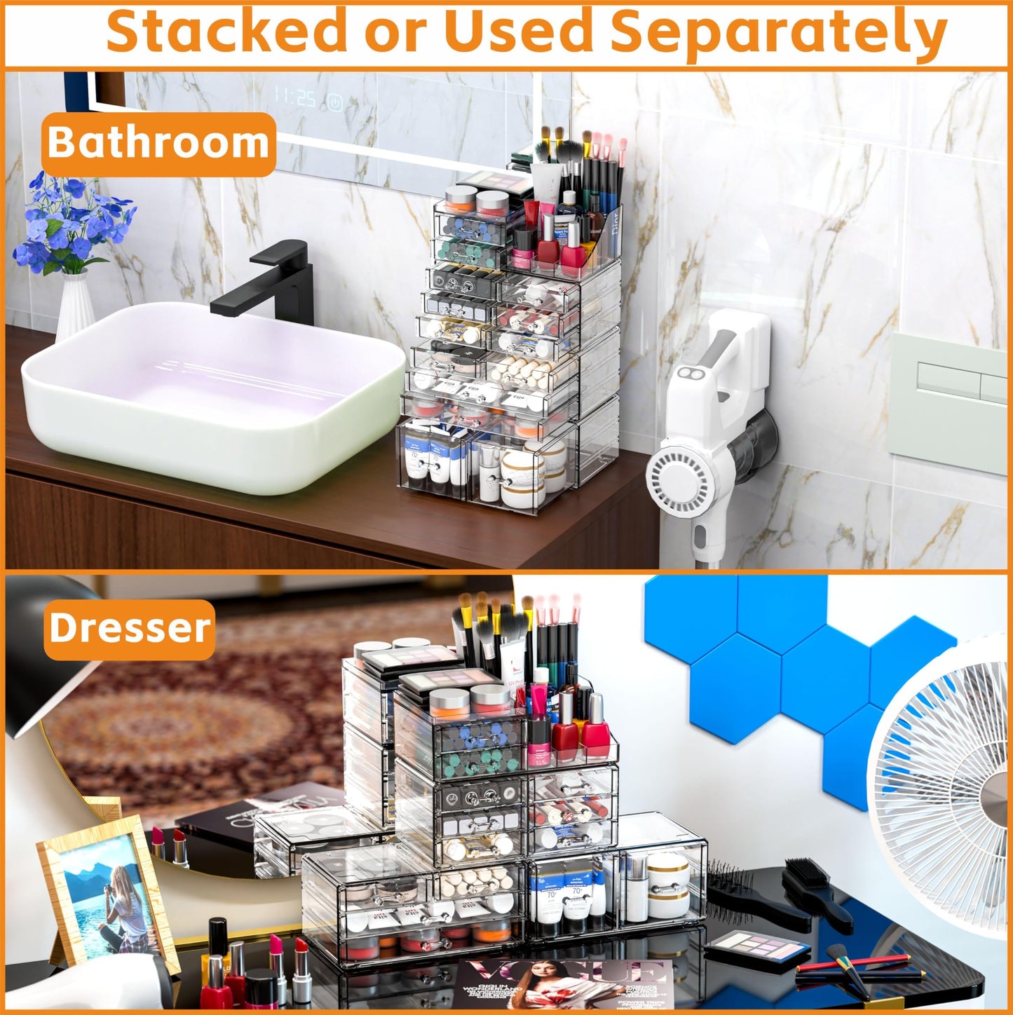 Cq acrylic Make Up Organizers for Vanity With 14 Drawers, 4 Pack Clear Drawer Organizers,Plastic Cute Desk Accessories Organization and Bathroom Organizers Storage Case Box Cube for Beauty,Skin Care