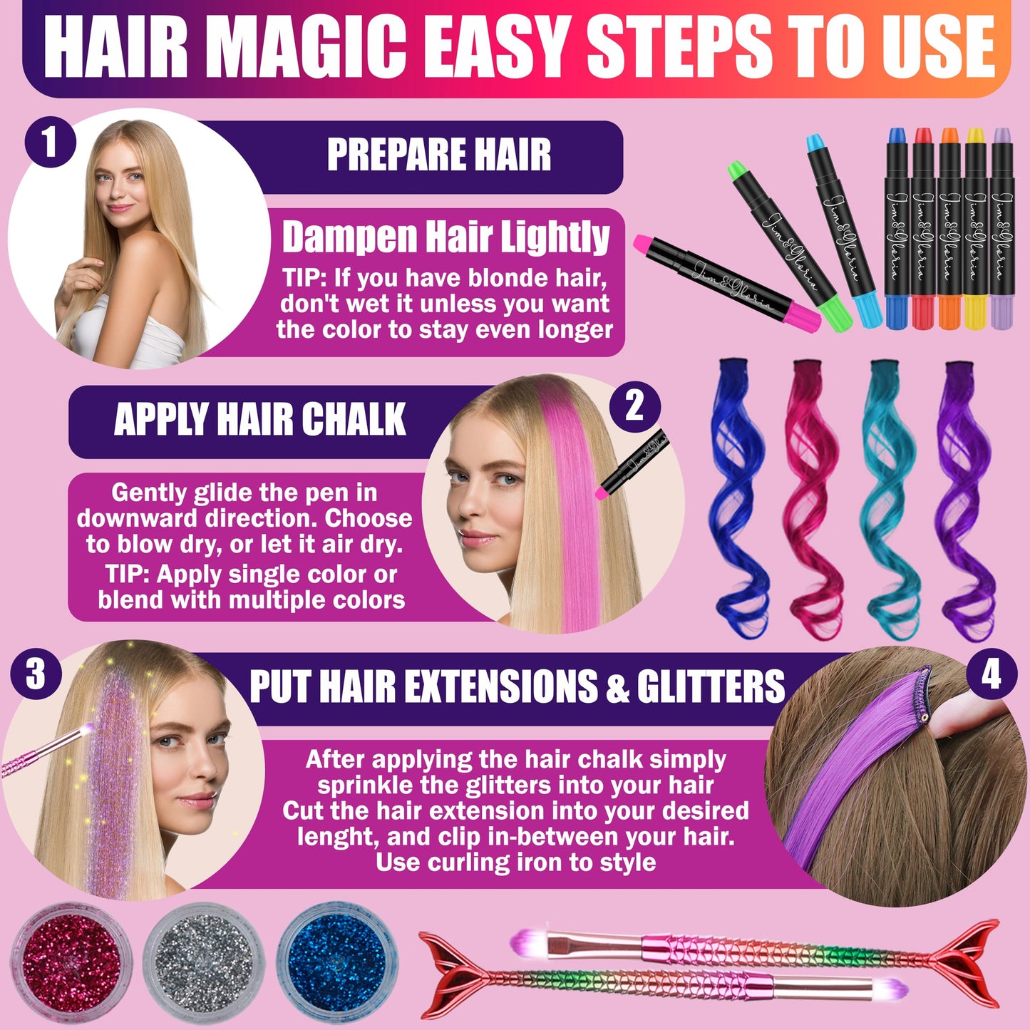 Jim&Gloria Dustless Hair Chalk Include Hair Extensions Mermaid Brushes Glitters Set of 17 Face Paint 32 Colors with Metallic and Neon