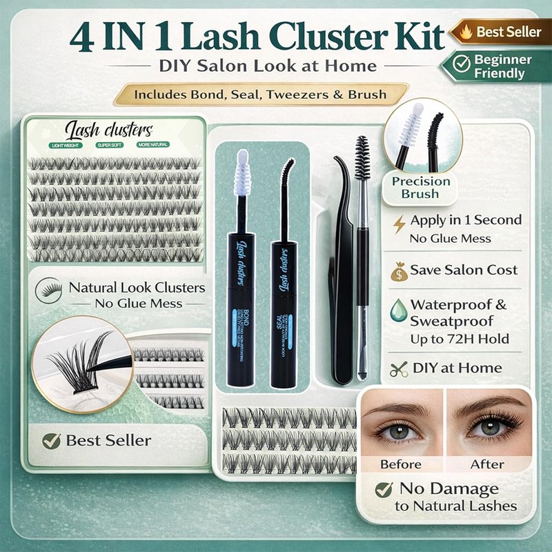 Lash Clusters Kit - 640pcs Wispy 30D/40D D Curl Individual Lash Extensions | Natural 9-16mm with Bond & Seal, Brush, Tweezers