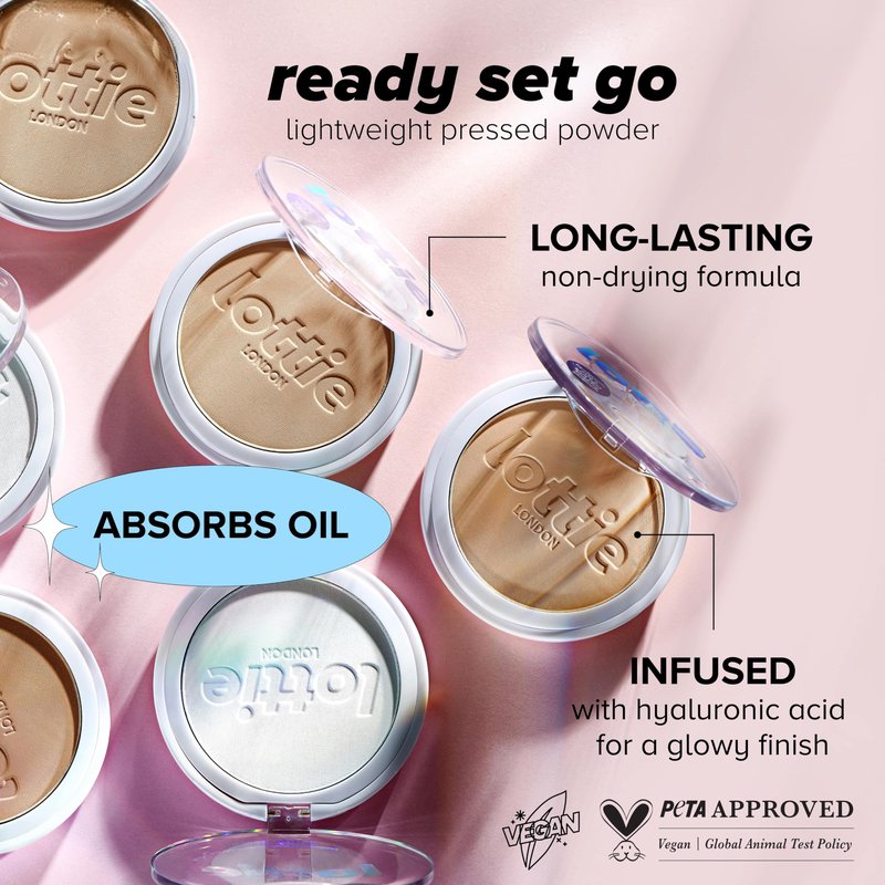 Lottie London Ready Set! Go Pressed in Warm Translucent, Setting Powder infused with Hyaluronic Acid, Long-wear & Soft-Focus Matte Finish