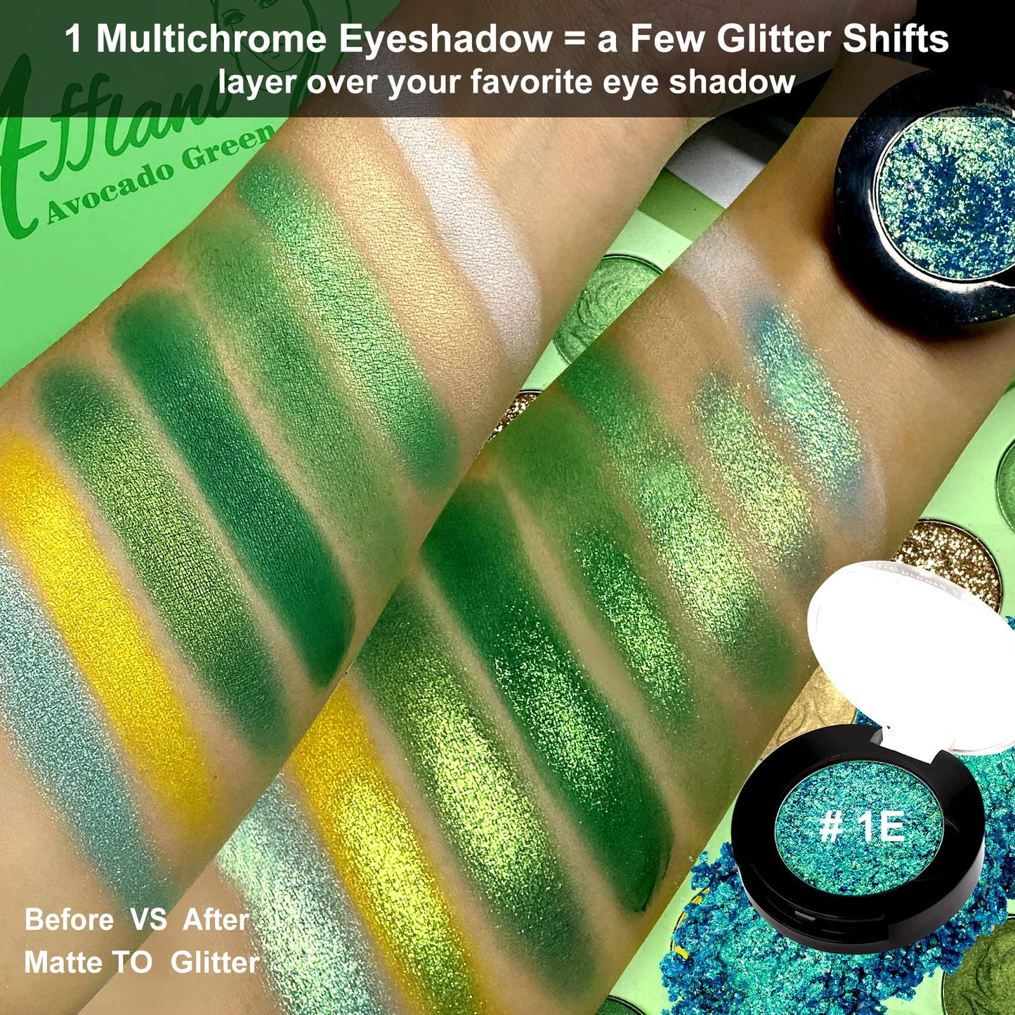 Afflano Single Green Eyeshadow Shimmery, Highly Pigmented Multichrome Eye shadow Color Changing, Sparkle Forest Green Glitter Eyeshadow Palette, Holographic Emerald Chrome Eye Shadow for Eye Makeup