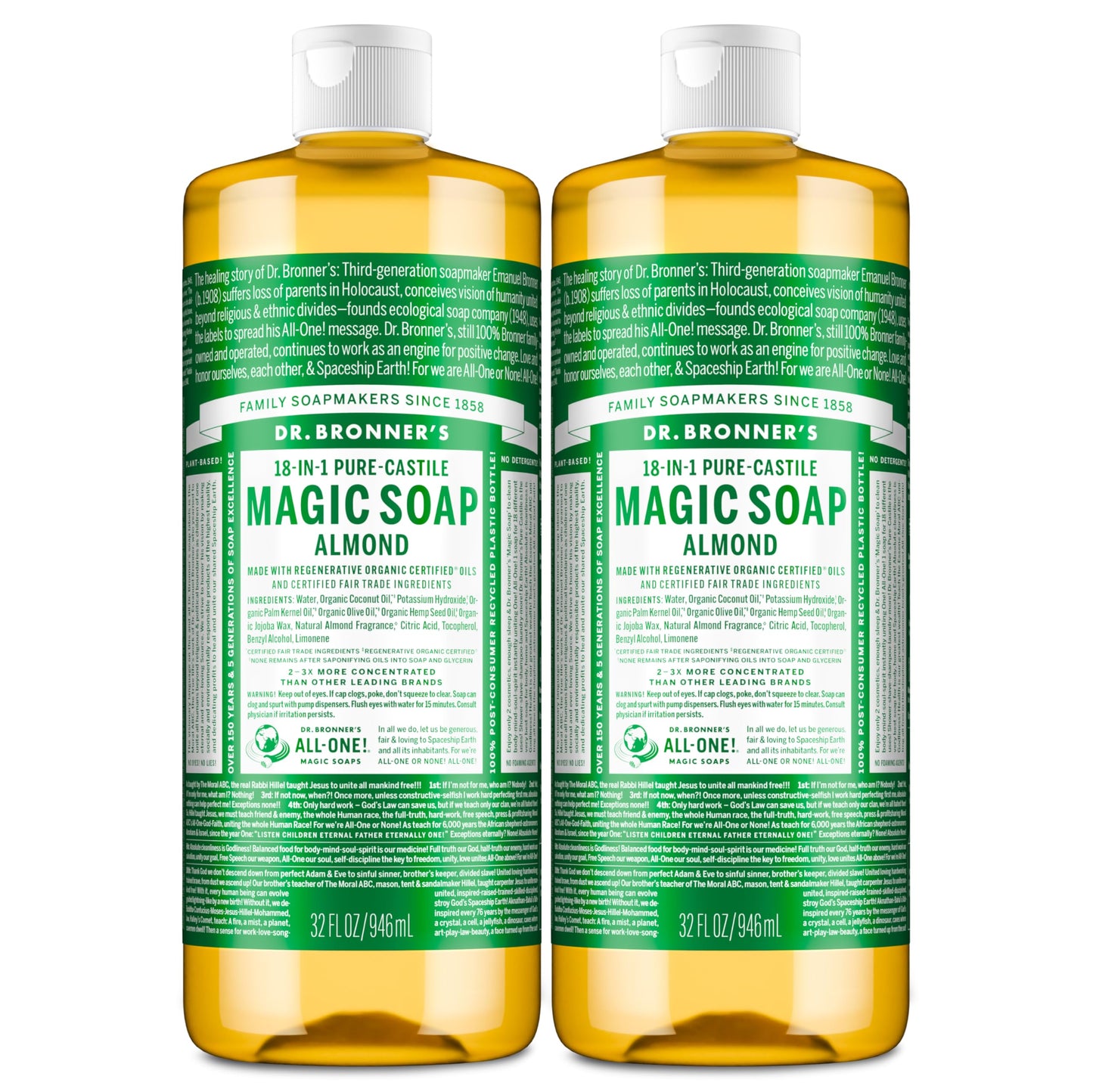 Dr. Bronner's Pure-Castile Magic Liquid Soap (Almond, 32 Ounce, 2-Pack)- Made with Regenerative Organic Certified Oils, 18-in1 Uses: Face, Hair, Hand & Body Soap, Laundry, Pets- Concentrated, Vegan