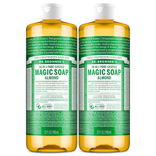 Dr. Bronner's Pure-Castile Magic Liquid Soap (Almond, 32 Ounce, 2-Pack)- Made with Regenerative Organic Certified Oils, 18-in1 Uses: Face, Hair, Hand & Body Soap, Laundry, Pets- Concentrated, Vegan
