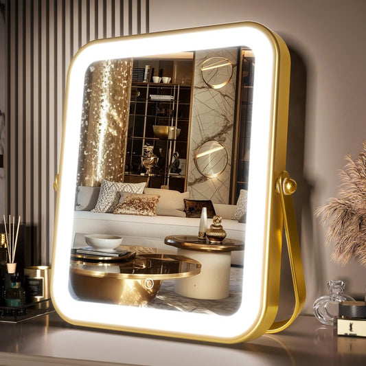 PRIMETEK Vanity Mirror with Lights, 16"x14" Large LED Lighted Makeup Mirror, Hollywood Makeup Mirror, Touch Screen, 3-Color Lighting, 5X Magnification, for Vanity Desk Tabletop, Bedroom, Black